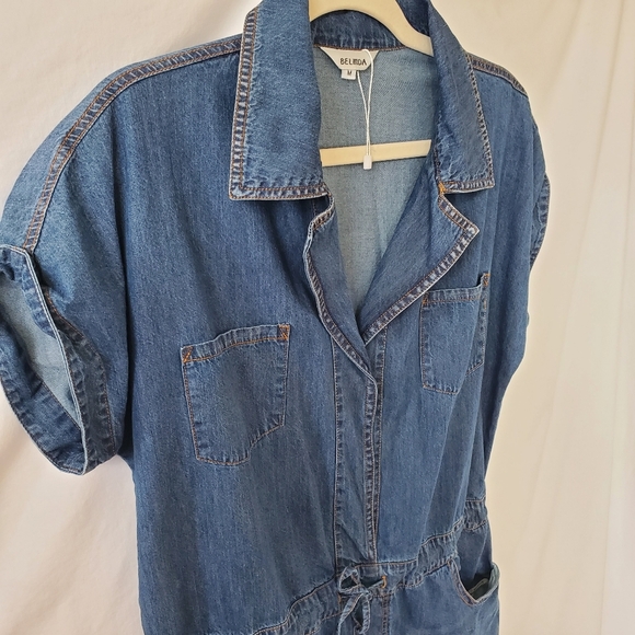 Denim Romper Button Up with Drawstring Waist Dark Jean - M - Picture 2 of 6